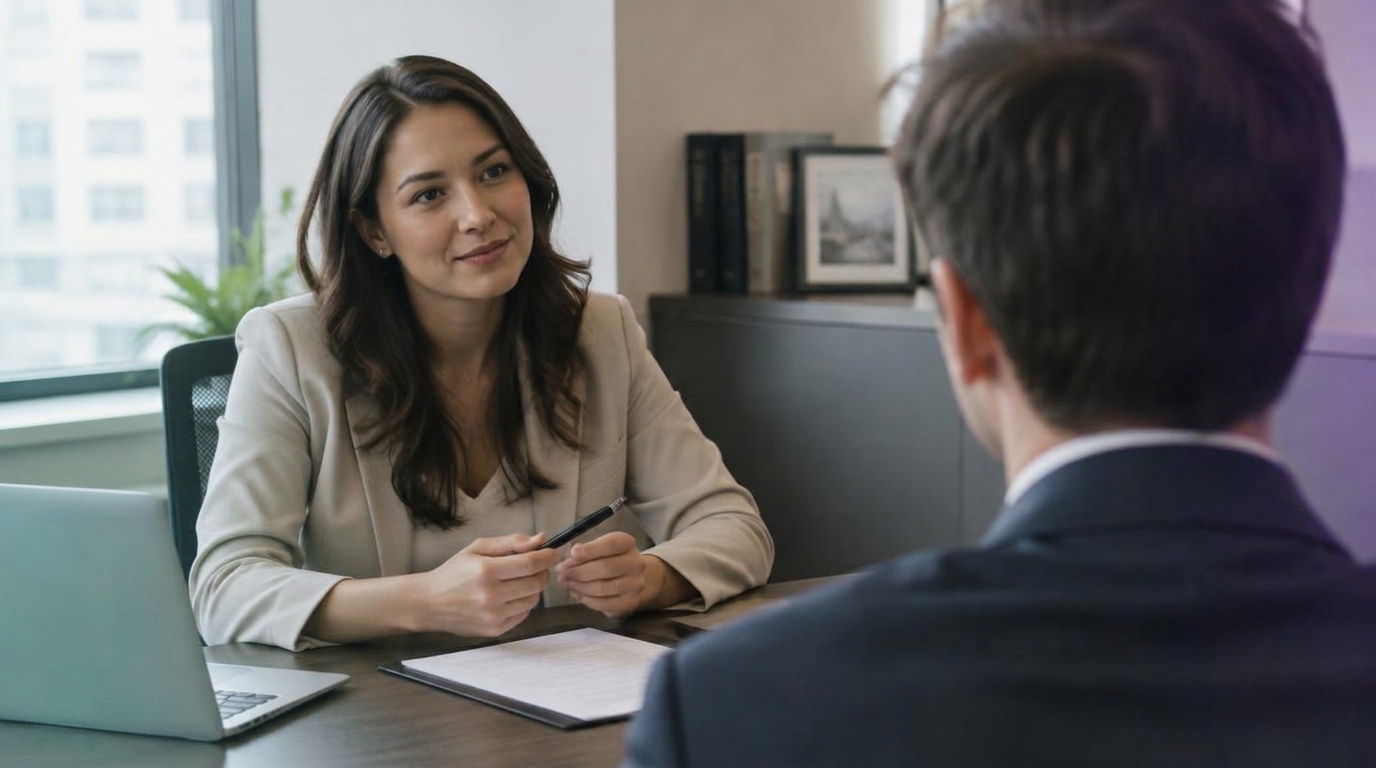 A recruiter interviewing a candidate across a desk in a neutral office